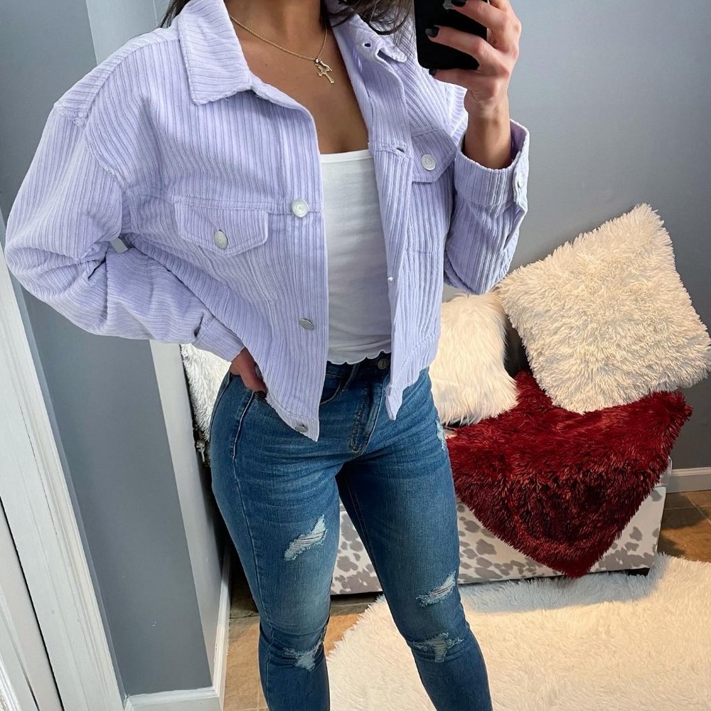 Purple Corduroy Cropped Trucker Jacket